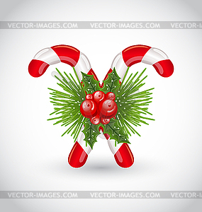 Christmas sweet canes with holly berry and pine - vector image