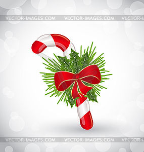 Christmas decoration with sweet cane, bow and pine - vector clipart