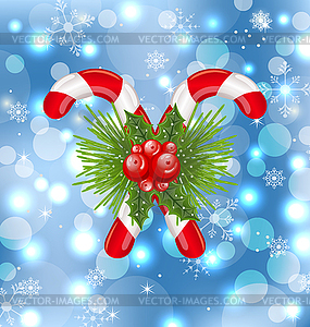 Christmas sweet canes with holly berry - royalty-free vector clipart