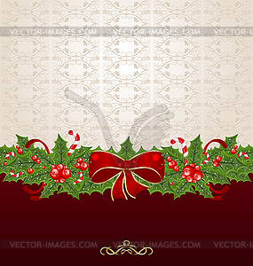 Beautiful Christmas background with mistletoe, bow - vector clipart