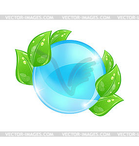 Water bubble with eco green leaves - vector image