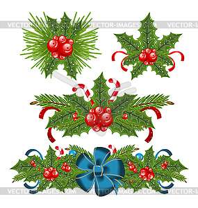 Set holly berry sprigs for christmas decorations - vector clipart