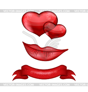 Set of red hearts, lips, ribbon - vector clipart