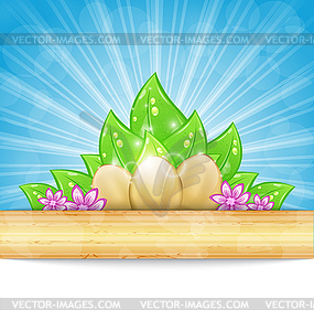 Easter background with eggs, leaves, flowers - vector image