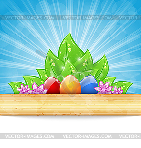 Easter background with colorful eggs, leaves, - vector clip art