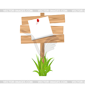 Wooden signpost with announcement, grass - vector clip art