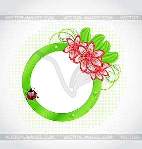 Cute spring label with flower, leaves, lady-beetle - vector image