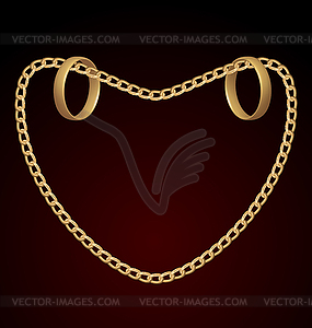 Jewelry two rings on golden chain of heart shape - vector image