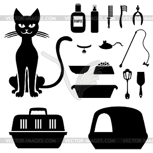 Cat and set to care for her - vector image