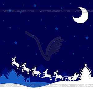 Silhouette Santa Claus riding sleigh with deer on - vector clipart