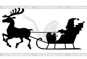 Silhouette Santa Claus sleigh with deer - vector clip art
