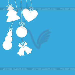 Silhouettes of hanging Christmas baubles on blue - vector image