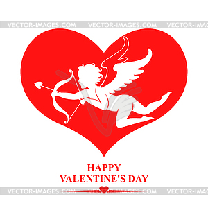 Valentines day card with Cupid in red heart - vector image