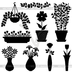 Silhouettes set of flowers in pots and vases - vector image