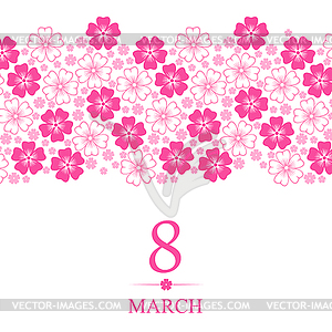 8 March card decorated pink flowers horizontal - vector clipart