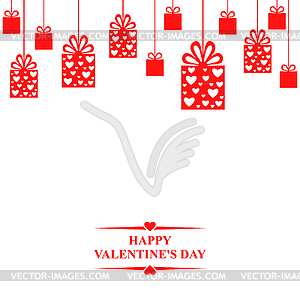 Valentines card with hanging red gifts - vector clipart