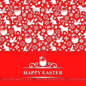 Easter greeting card on red background - vector image