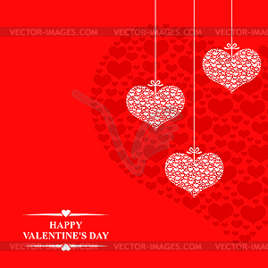 Valentines day with hearts hanging on ribbons on re - vector clipart