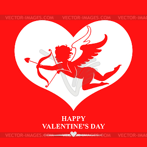Valentines with Cupid in heart on red background - vector image