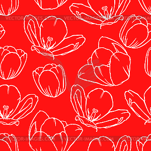 Contour tulips flowers pattern seamless on red - vector clipart