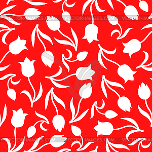 Tulips flowers pattern seamless on red background - vector clipart
