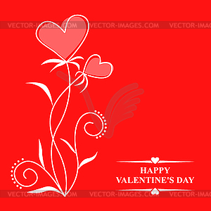 Valentines with contour hearts flowers on red - vector image