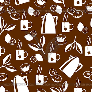 Tea break pattern seamless on brown background - vector image