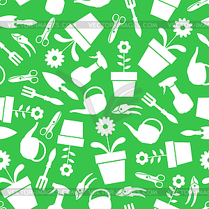 Garden tools pattern seamless on green background - vector clipart