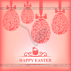 Easter hanging decorative eggs on pink background - vector image