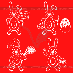 Cartoon bunny set on red background - vector clip art