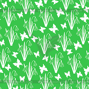 Snowdrops and butterflies pattern seamless on - vector clip art