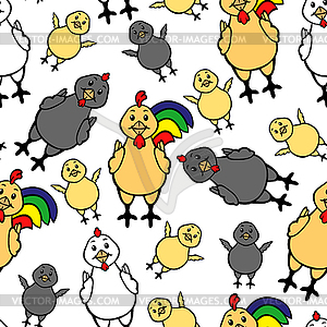 Rooster, hen and chick pattern seamless - vector clipart