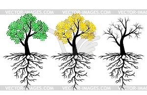 Дерево значок с зелеными листьями и корнями, установленными - векторный эскиз