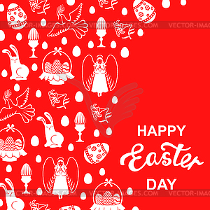 Easter card with angel, egg, hare, dove on red - vector clipart