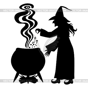 Witch brews potion in cauldron - vector image