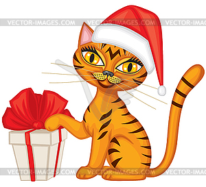 Tabby red cat gives gift - vector clipart