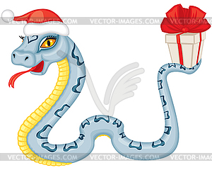 Cartoon serpent gives gift - vector image