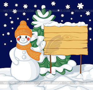 Снеговик и рекламный щит на фоне ели - стоковое векторное изображение