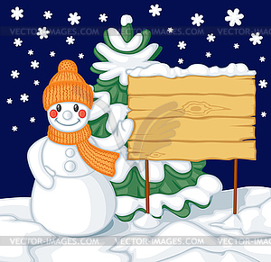 Snowman and billboard against background of fir - vector image