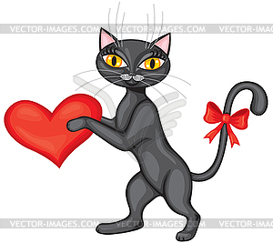 Black cat gives his heart - vector image