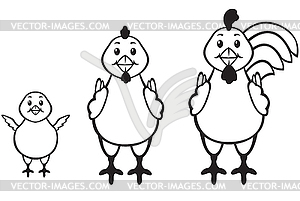 Rooster, hen and chick - vector image