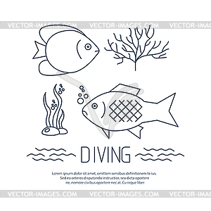 Diving icon with fishs and seaweed - vector clipart