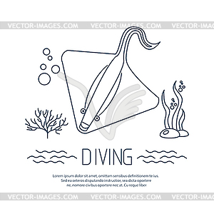 Diving icon with Stingray and bubbles - vector image