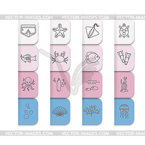 Diving icons set with fish and equipment - vector clipart