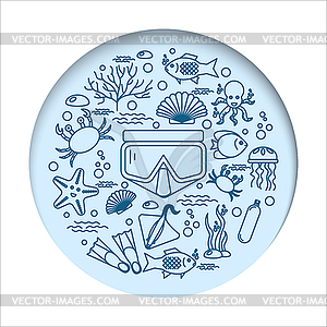 Diving icons set with fish and equipment - vector clip art