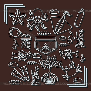 Diving icons set with fish and equipment - color vector clipart