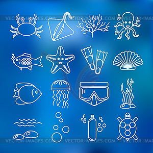 Diving icons set with fish and equipment - vector image