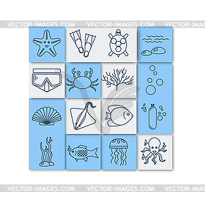 Diving icons set with fish and equipment - vector clip art