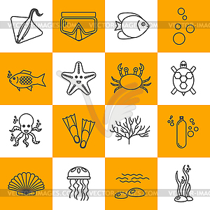 Diving icons set with fish and equipment - vector clipart