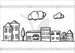 Doodle town. Black and white pen objects . Design - vector clipart